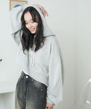 WEGO 配色ロゴデザインショートパーカー 杢グレー