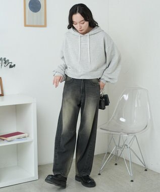 WEGO 配色ロゴデザインショートパーカー 杢グレー