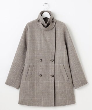 自由区 L 【17号サイズまで展開・カタログ掲載】ウールリバーチェック柄ダブルブレスト コート モカチェック