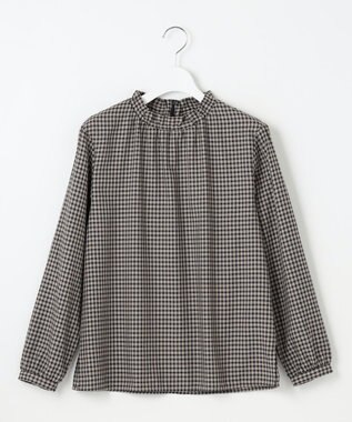 J.PRESS LADIES S 【洗える】ポリエステルヴィスコースブロックチェック フリルネック ブラウス ベージュ×ネイビー系