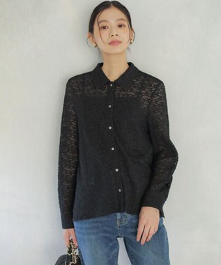 組曲 【WEB限定】フラワーチュールブラウスライク カットソー ブラック系