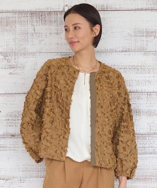 自由区 L YONEZAWAレーシージャガード ノーカラージャケット ブラウン系