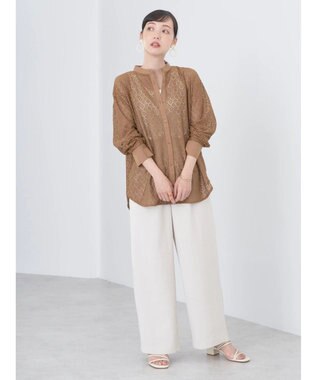 earth music&ecology レースバンドカラーシャツ Camel