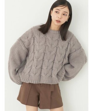 earth music&ecology ローゲージ手編み風ケーブルプルオーバー Gray Beige