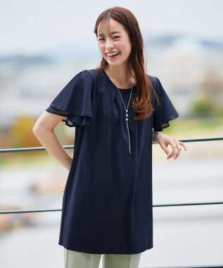 Tiaclasse 【UVケア・接触冷感】“あまラク” シフォンフレアスリーブカットソーチュニック ネイビー