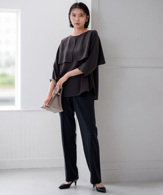 23区 L 【洗える】ストレッチジョーゼット ケープデザイン カットソー ダークブラウン系