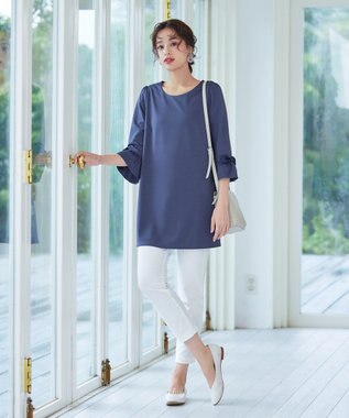 Tiaclasse 【洗える】グログランリボン付きフリル袖チュニック ブルー