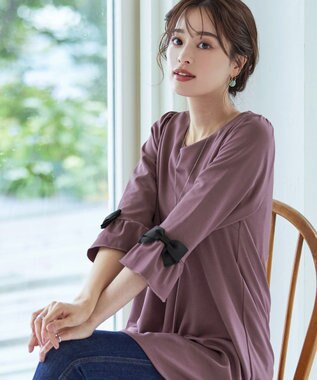 Tiaclasse 【洗える】グログランリボン付きフリル袖チュニック ピンクモカ