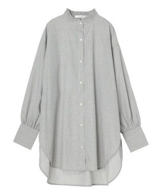 Green Parks イージーケアスタンドフリルシャツチュニック Stripe Black