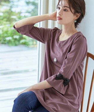 Tiaclasse 【洗える】グログランリボン付きフリル袖チュニック ピンクモカ