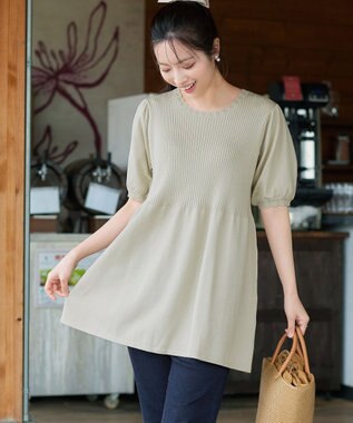 Tiaclasse リブ切替スカラップニットチュニック ライトベージュ
