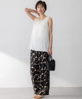 23区 L 【洗える】Ratti フラワーアートプリント ワイド パンツ ブラック×ベージュ