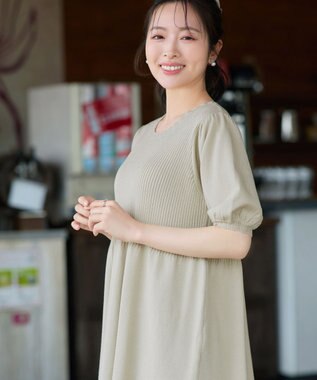 Tiaclasse リブ切替スカラップニットチュニック ライトベージュ