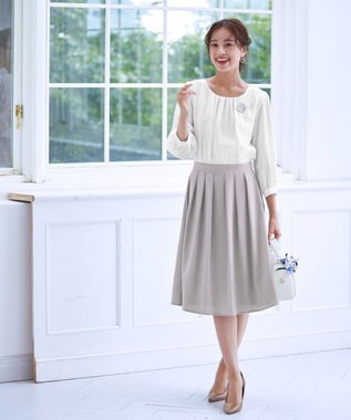 Tiaclasse 【洗える】ブラウスドッキングツイードワンピース オフホワイト×グレージュ