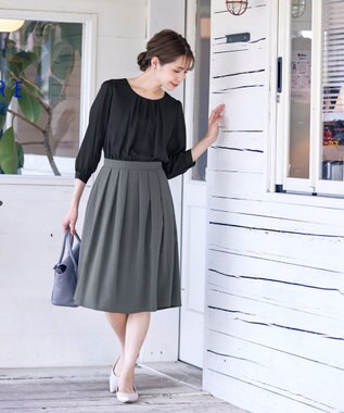 Tiaclasse 【洗える】ブラウスドッキングツイードワンピース ブラック×チャコールグレー