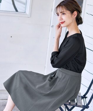 Tiaclasse 【洗える】ブラウスドッキングツイードワンピース ブラック×チャコールグレー