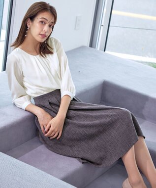 Tiaclasse 【洗える】ブラウスドッキングツイードワンピース オフホワイト×グレー