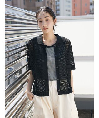 CRAFT STANDARD BOUTIQUE 配色メッシュニットカーディガン Black