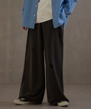 WEGO 【ウエストゴム】ダメージスウェットバギーパンツ ブラック