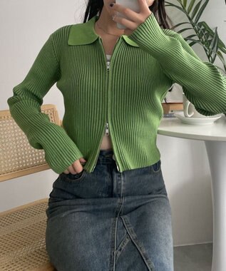 WEGO Wジップコンパクトニットカーデ グリーン