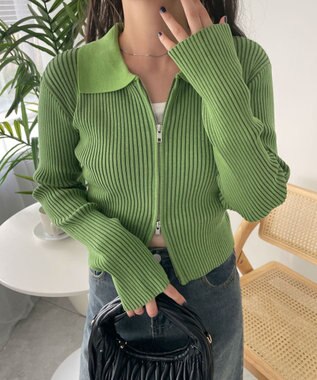 WEGO Wジップコンパクトニットカーデ グリーン