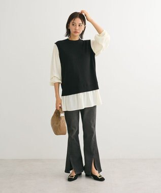 Green Parks 布帛ドッキングニットチュニック Black