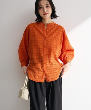 Green Parks シアーチェック７分袖シャツ Orange
