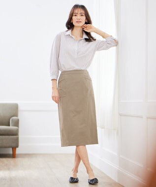 J.PRESS LADIES 【洗える・吸水速乾】コットン麻シェルドライ ナロー スカート カーキ系