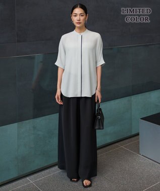 ICB L 【新色追加・WEB限定カラーあり】BackSatinAmunzen 5分袖バンドカラーブラウス アッシュブルー［WEB限定］