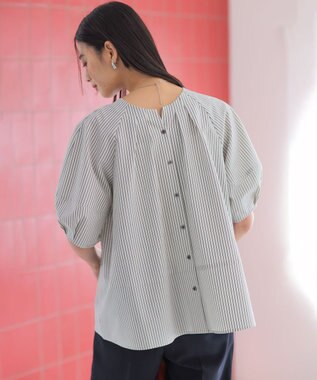 組曲 【前後着用可】ソフトサッカーラグランスリーブ ブラウス エクリュ×ネイビーストライプ系1