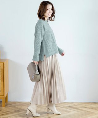 Tiaclasse 【洗える】アラン柄キーネックニットトップス ミント