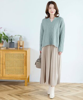 Tiaclasse 【洗える】アラン柄キーネックニットトップス ミント