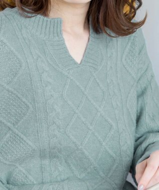 Tiaclasse 【洗える】アラン柄キーネックニットトップス ミント