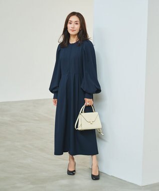 #Newans 【セレモニーにも】〈亀恭子さんコラボ〉ボリュームスリーブロングワンピース ネイビー