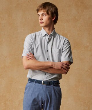 JOSEPH ABBOUD 【キングサイズ・イージーケア・ストレッチ】コンパクトジャージーヘアラインストライプ シャツ サックスブルー系1