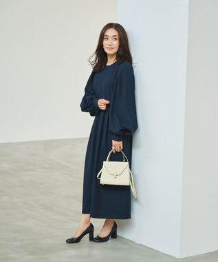 #Newans 【セレモニーにも】〈亀恭子さんコラボ〉ボリュームスリーブロングワンピース ネイビー