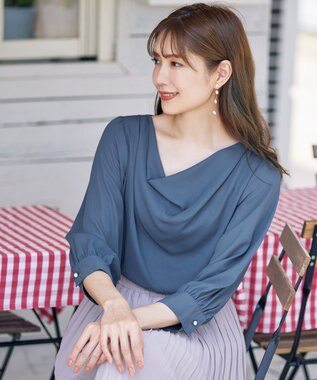 Tiaclasse L 【洗える】胸元ドレープブラウス ブルー