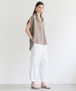 BEIGE， 【イージーケア】BATEAU / Vネック ギャザーブラウス Taupe