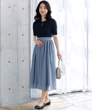 Tiaclasse 【洗える】異素材ドッキングワンピース ネイビー×ブルー