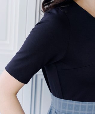 Tiaclasse 【洗える】異素材ドッキングワンピース ネイビー×ブルー