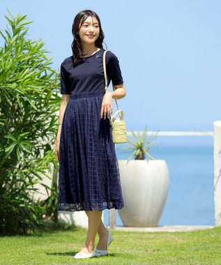 Tiaclasse 【洗える】異素材ドッキングワンピース ネイビー