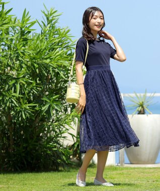 Tiaclasse 【洗える】異素材ドッキングワンピース ネイビー