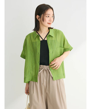 Green Parks シアーストライプショート丈シャツ Green