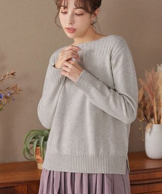 Tiaclasse 綿混リブ使いボートネックニットプルオーバー