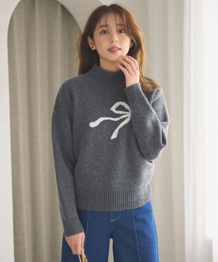 Feroux 【洗える】リボン柄ハイネック プルオーバーニット グレー