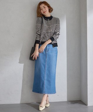 23区 【洗える】プレミアムビオコットン ボーダー カーディガン ベージュxブラックボーダー