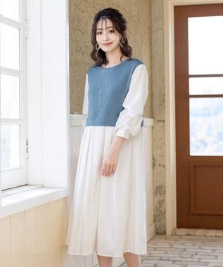 Tiaclasse L 【洗える】一枚でコーデが決まるニットソーレイヤード風ワンピ ブルー×オフ
