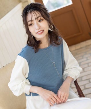 Tiaclasse L 【洗える】一枚でコーデが決まるニットソーレイヤード風ワンピ ブルー×オフ