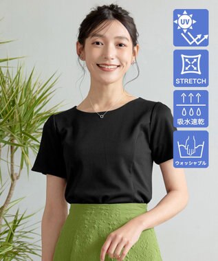 Tiaclasse 【UVカット・吸水速乾】 “きれい見え” パネルラインカットソートップス ブラック