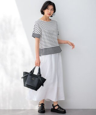 23区 S 【洗える】ランダムボーダー ドルマン カットソー オフ×ブラックボーダー